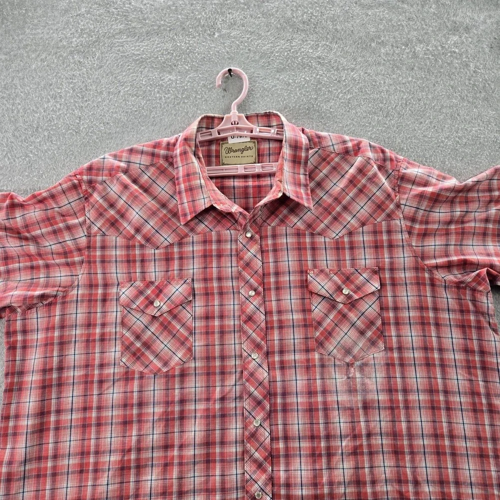 Wrangler Men Button Up Shirt 3XL Red Plaid Western Pearl‎ Snap Short Sleeve